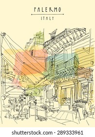 Street cafe in Palermo, Sicily, Italy. Vector illustration of a cozy nice place with people. Retro style freehand drawing on colorful background. Travel postcard poster template. Hand lettered title