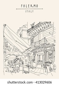 Street cafe in Palermo, Sicily, Italy. Artistic illustration of a cozy nice place with people. Retro style freehand drawing. Book illustration. Vertical travel postcard or poster template in vector