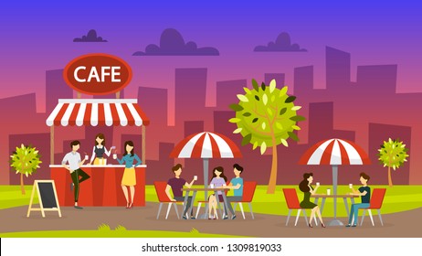 Street cafe. People sit at the table and drink coffee. Outdoor cafeteria. Night city landscape on background. Cafe in the park. Vector illustration in cartoon style