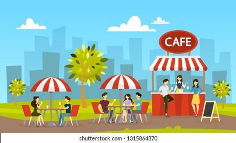 Street cafe. People sit at the table and drink coffee. Outdoor cafeteria. City landscape on background. Cafe in the park. Vector illustration in cartoon style