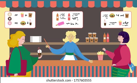 Street Cafe Place, Dessert Shop Waiter Talk Visitor Candy Sweetness Flat Vector Illustration. Fast Food Store Woman Character Eat Bad Dish. Female Rest And Dinner Sweet Foodstuff Convenience Meal.