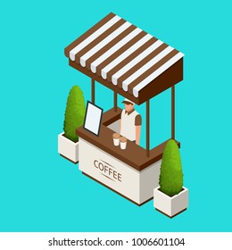 Street cafe Promotion Stand or exhibition standands, handout on blue background isolated vector illustration