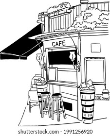 Street Cafe restaurant in old town Front shop with table and seat Hand drawn vector illustration