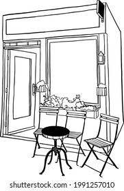 Street Cafe restaurant in old town Front shop with table and seat Hand drawn vector illustration
