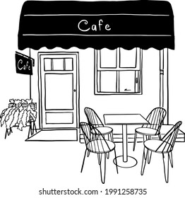 Street Cafe restaurant in old town Front shop with table and seat Hand drawn vector illustration