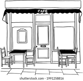 Restaurante Street Cafe en el casco antiguo Tienda frontal con mesa y asiento Dibujo vectorial dibujado por mano