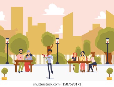 Street cafe or restaurant with people cartoon characters on cityscape background, flat vector illustration. Men and women eating outdoor in coffeehouse or bistro.