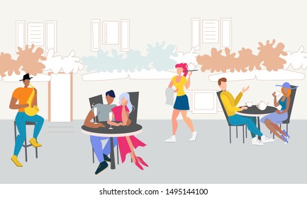 Street cafe with resting people.A vector illustration of People Sitting in Outdoor Cafe.Park cafe . People Drink Coffe in Outdoor Vector Street Cafe on Restaurant Terrace. 