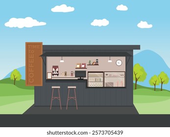 Street Cafe. Roadside coffee shop at Spring summer landscape. Flat vector graphic design.