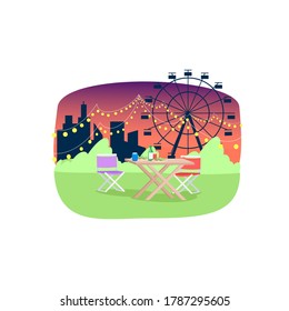 Street cafe semi flat vector illustration. Empty tables with food and drinks 2D cartoon landscape for commercial use. Summer food festival, evening funfair. Open air feast near amusement park