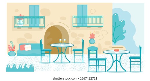 Street Cafe with Served Table and Comfortable Chairs, Soft Sofa in Old Town. Architectural Background with Historic Buildings. Trendy Flat Provence Exterior. Cartoon Eco-Friendly Vector Illustration