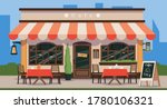 Street cafe. Cafe shop in old french style. Vintage wooden facade of a cafe with a canopy, wooden tables and chairs. Vector illustration of traditional popular place to meet, drink and eat.