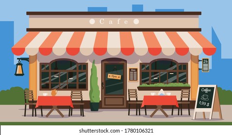 Street cafe. Cafe shop in old french style. Vintage wooden facade of a cafe with a canopy, wooden tables and chairs. Vector illustration of traditional popular place to meet, drink and eat.