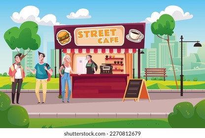 Street cafe shop restaurant park street touristic place concept. Vector cartoon graphic design element illustration