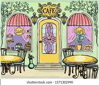 Street cafe sketch graphic illustration, vintage style