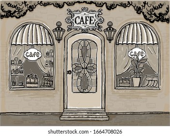 Street Cafe Sketch Graphic Illustration, Old Style, Vintage Colors