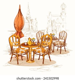 Street cafe sketch poster with chairs table and old town on background vector illustration