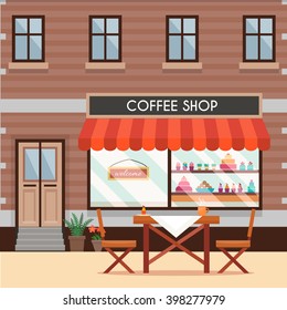 Street cafe. Table and chairs with coffee shop. Flat style vector illustration.