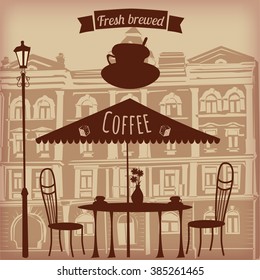 Street cafe, table, chairs, vintage, old town background, banner, vector illustration