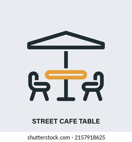 Street cafe table linear vector icon. Isolated outline pictogram with chairs, table and umbrella