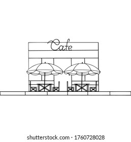 Street cafe, tables on the street, tables under umbrellas, city cafe. Vector hand-drawn illustration, linear illustration.