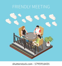 Street cafe terrace composition with friendly meeting headline and two people on the terrace vector illustration