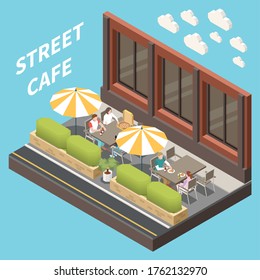 Street cafe terrace isometric and colored concept with two tables and big umbrellas vector illustration