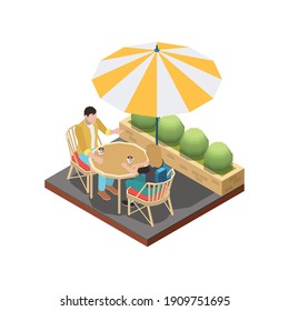 Street Cafe Terrace Isometric Composition With Couple Sitting At Table Under Umbrella Vector Illustration