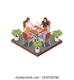 Street Cafe Terrace Isometric Composition With Four Women Having Outdoor Meeting At Square Table Vector Illustration
