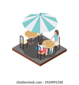 Street Cafe Terrace Isometric Composition With Women Sitting At Table Under Umbrella Vector Illustration