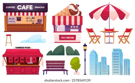 Street Cafe theme vector icons set. Chinese food and Ramen, Coffee and snacks, ice cream shops. Fast food restaurant small building, kiosk. Cityscape, bench, lantern, table and chairs with umbrella