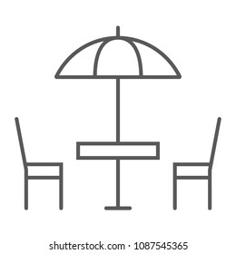 Street Cafe thin line icon, table and chair, umbrella sign vector graphics, a linear pattern on a white background, eps 10.