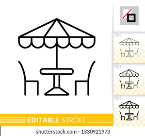 Street Cafe Thin Line Icon. Umbrella Banner In Flat Style. Summer Restaurant Table And Chair Poster. Linear Pictogram. Simple Vector Illustration, Outline Symbol. Editable Stroke Icons Without Fill