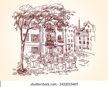Street cafe with a tree and tables in a french city. Bicycle and scooter next to cafe. Old buildings and balconies with flowers. Vector illustration in vintage style.