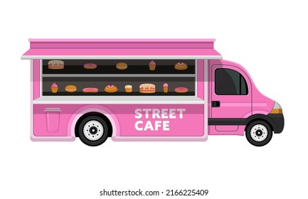 Street cafe truck vector illustration. Cafe street food pink car. 