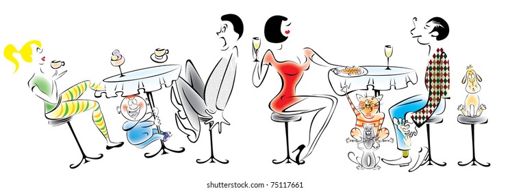 Street cafe. Two cats - the thief steal the fish. Near the boy shakes the table, behind which sit the parents.
