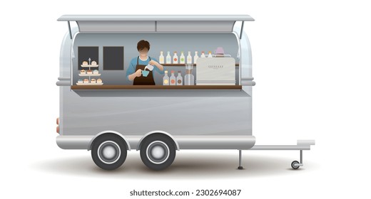 Street cafe van trailer with barista inside isolated vector illustration. Small business and street food concept.