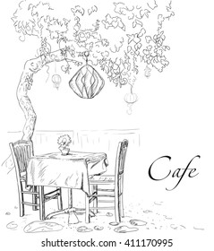 Street cafe view with tree, coffee table and two chairs, graphic vector illustration, sketch on white background