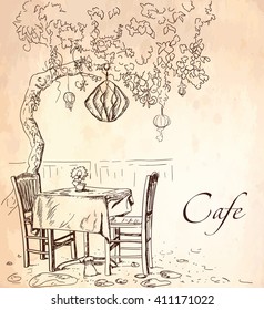 Street cafe view with tree, coffee table and two chairs, graphic vector illustration, sketch on vintage paper background