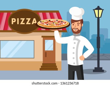 Street Cafe Welcomes Vector Flat Illustration. Happy Cook in Hat and Coat Cartoon Character. Smiling Chef Holding Pizza. Italian Food Restaurant. Home Bakery, Pizzeria. Cooking Classes, Courses