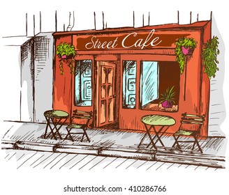 Street cafe without people in old town, colorful graphic vector illustration, sketch on white background