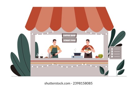 Straßencafé-Arbeiterkonzept. Männer mit Tasse und Schüssel mit Salat. Zubereitung von leckeren und mitgenommenen Speisen. Leute in einem Café. Cartoon-FlachVektorgrafik einzeln auf weißem Hintergrund