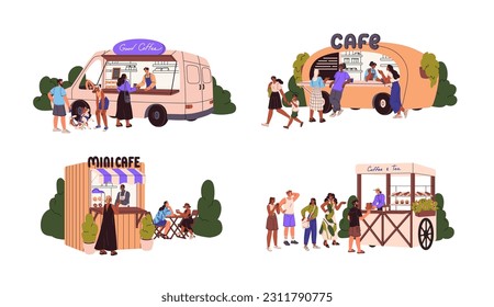 Street cafes, food trucks, mobile vans set. Buying coffee, ice-cream at outdoor cafeterias in caravans. Vendors selling at auto stalls. Flat graphic vector illustrations isolated on white background