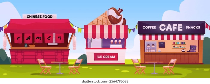 Street Cafes on the park lawn vector flat illustration. Chinese food and Ramen, Coffee and snacks, ice cream shops. Fast food restaurant small building, kiosk with tables and chairs