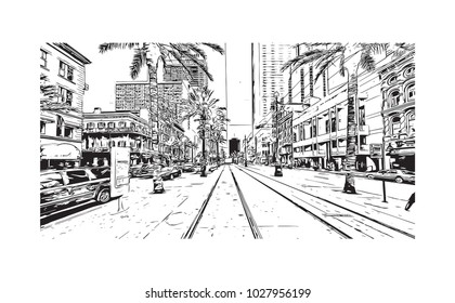 Street Cars cable of New Orleans City in Louisiana, USA. Hand drawn sketch illustration in vector.