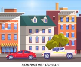 Street with cars driving along houses. Cityscape of modern city with buildings and estates, decorative plants. Vintage skyline with transports on road. Traveling on transport abroad. Vector in flat