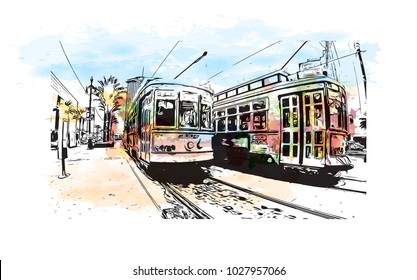 Street Cars of New Orleans City in Louisiana, USA. Watercolor splash with Hand drawn sketch illustration in vector.