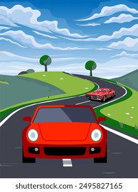 Street with cars.cartoon vector illustration.blue sky with clouds,trees and grass.