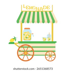 Carrinho de rua com uma jarra de vidro e copos com limonada refrescante, fatias de limão, hortelã e gelo