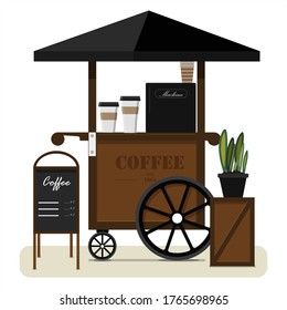 Street cart selling coffee. Flat vector illustration of a portable street stall with a canopy, Billboard and coffee machine. Stylish wooden counter with coffee to take away. Street food, summer mobile